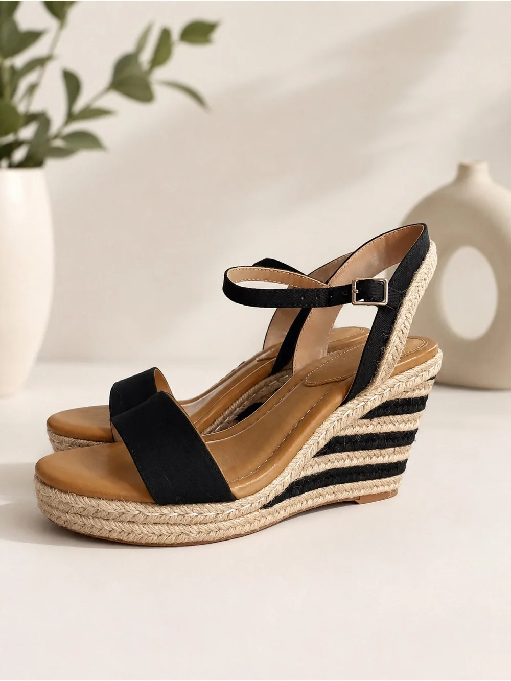 Kelly & Katie Black Espadrille Wedge Sandals with Ankle Strap